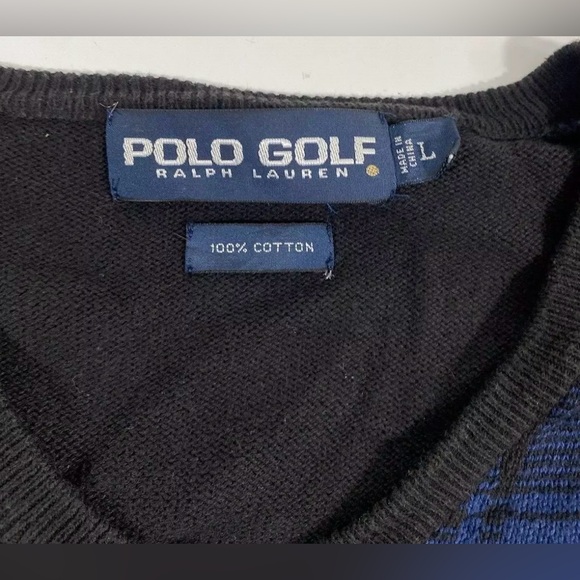 Polo Golf Ralph Lauren V Neck Sweater Size Large 100% Cotton Black Blue Preppy - Picture 11 of 14